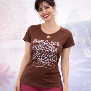 NWT - Medium brown top. JUSTA A GIRL KARMA. Spiritual short sleeve tee t shirt.